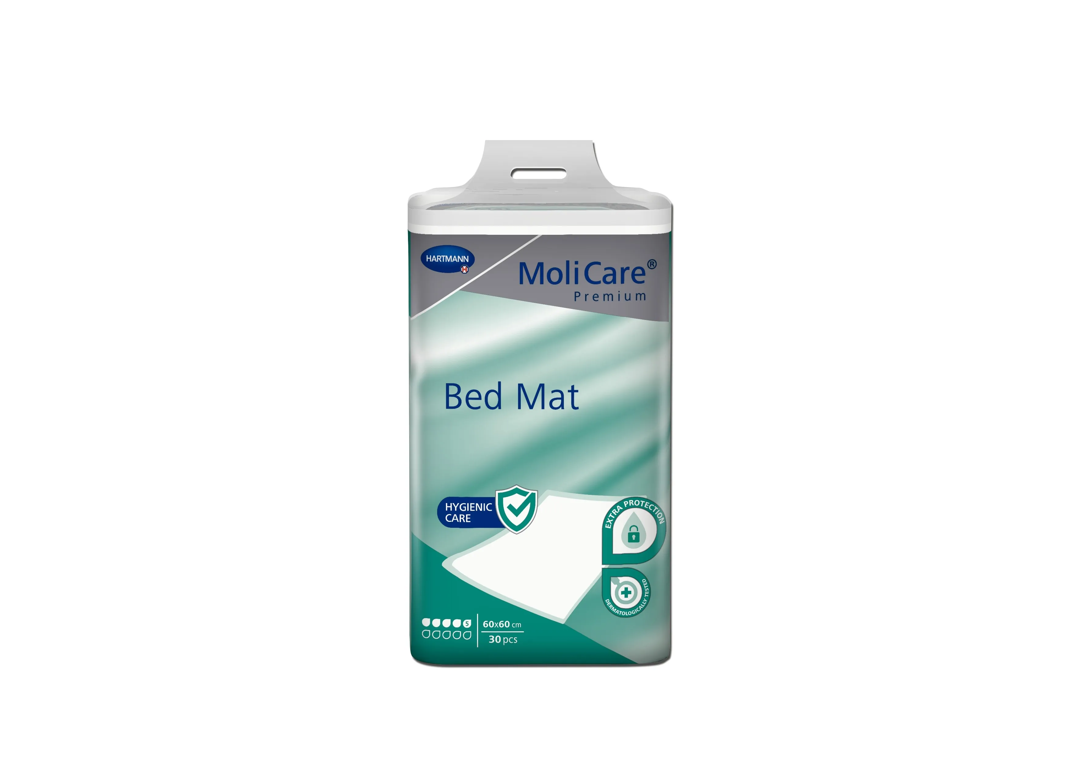 MOLICARE Prem Bed Mat palagi (5 piles, 60 x 60 cm), 30 gab - Produkta attēls 