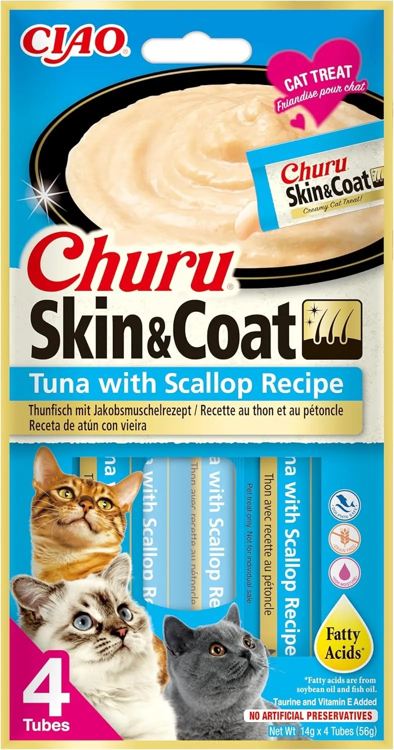 Churu Skin&Coat biezenis kaķiem, tuncis&ķemmītes 56g (14gx4) N12 - Produkta attēls 