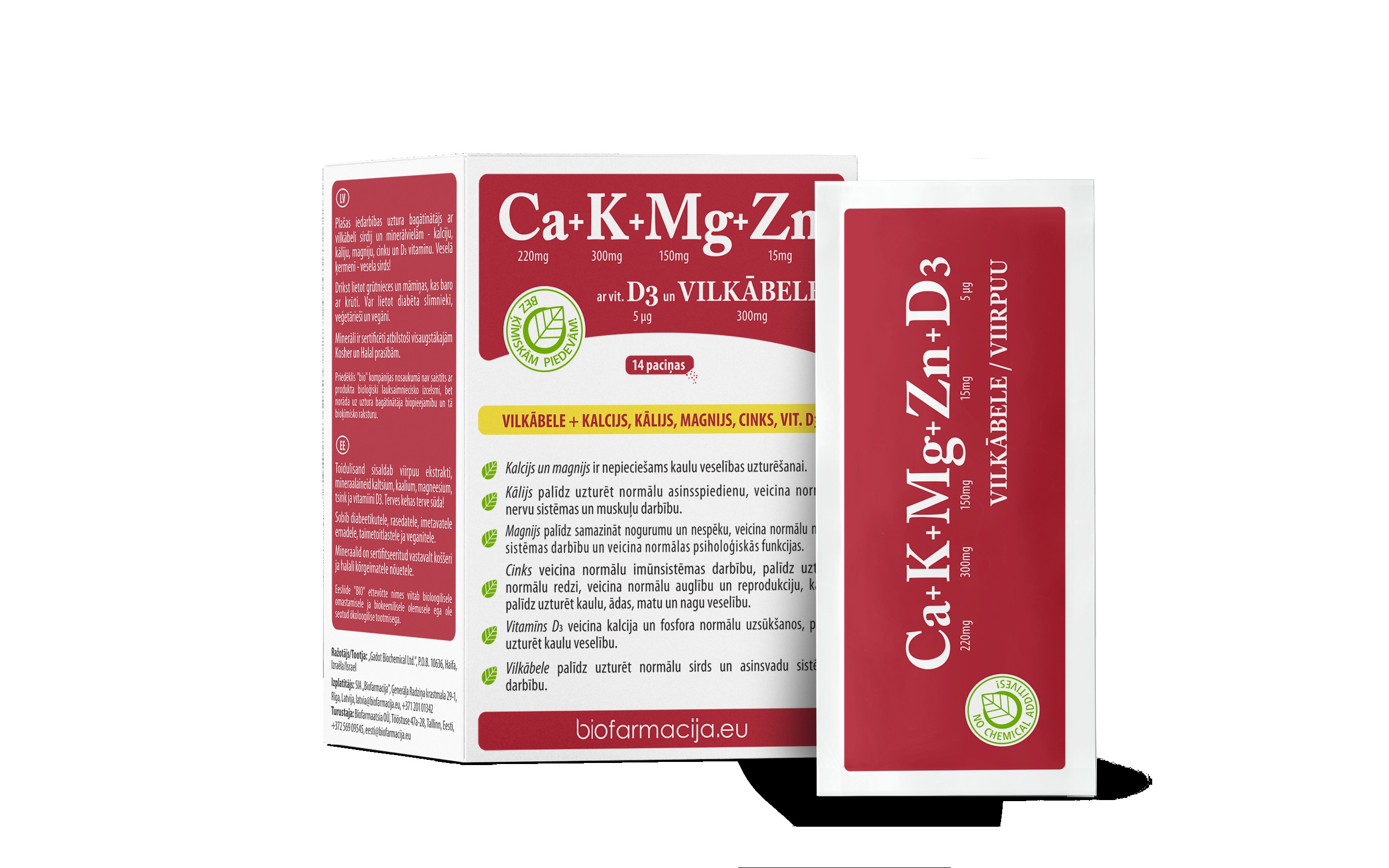 BIO Ca+K+Mg+Zn ar vitamīnu D3 un vilkābeli pulveris, 14 gab. - Produkta attēls 