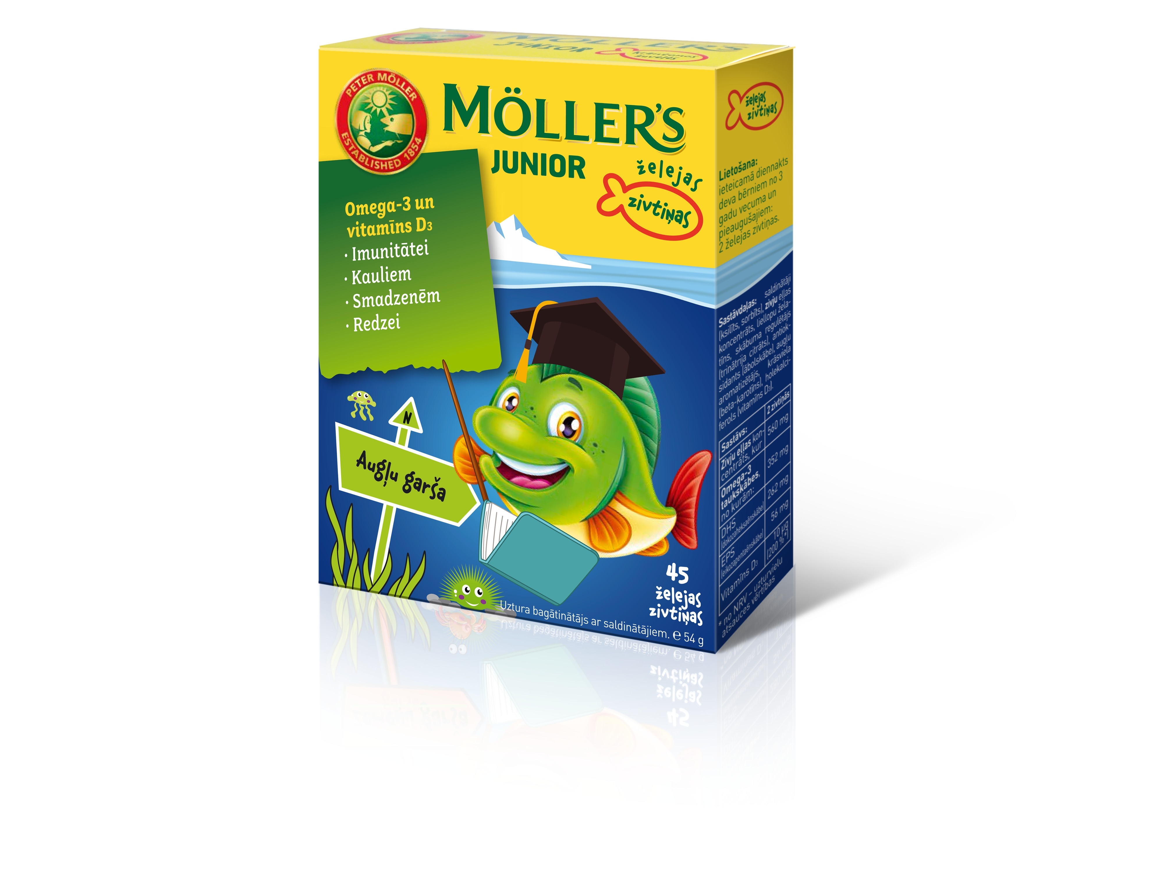 MOLLERS Junior Omega-3 zivtiņu pastilas ar augļu garšu, 45 gab. - Produkta attēls 