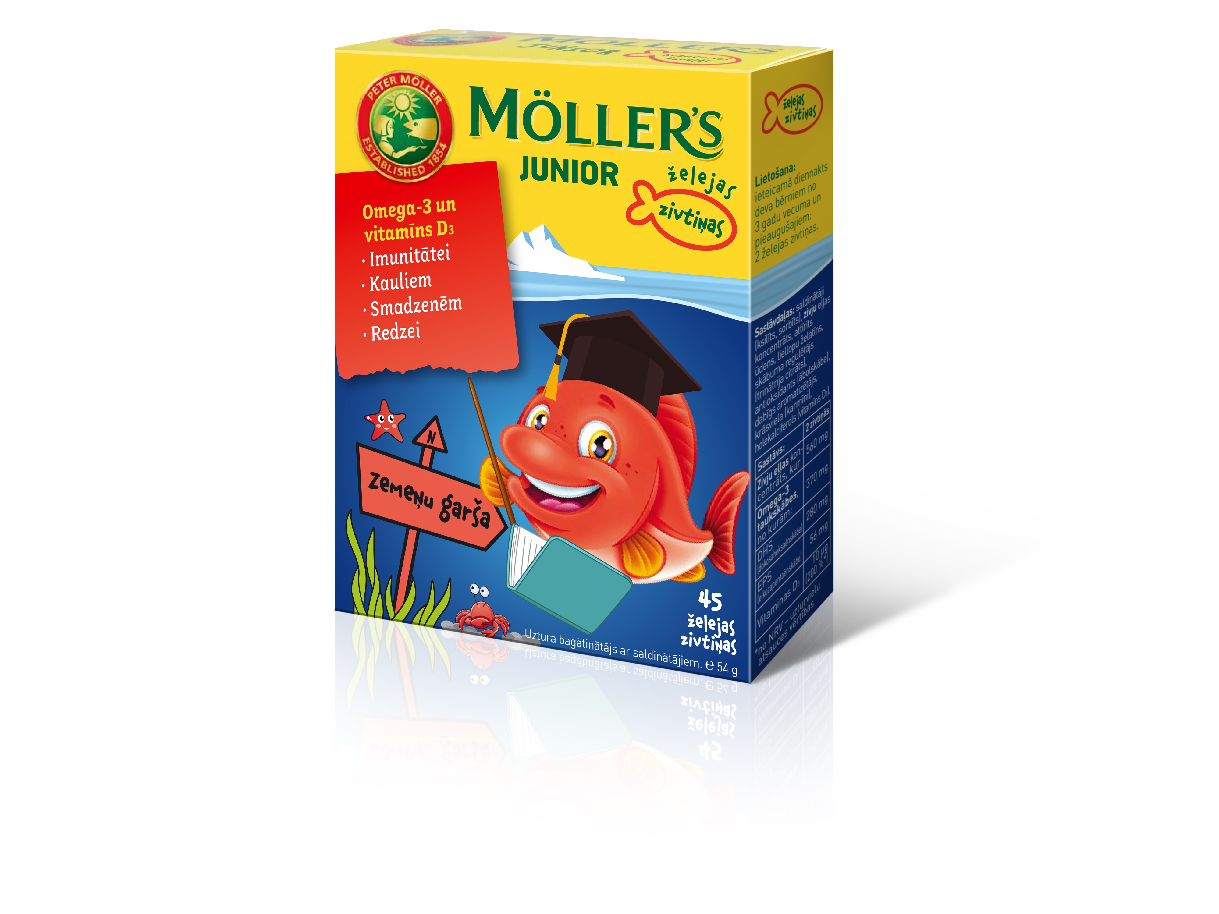 MOLLERS Junior Omega-3 zivtiņu pastilas ar zemeņu garšu, 45 gab. - Produkta attēls 