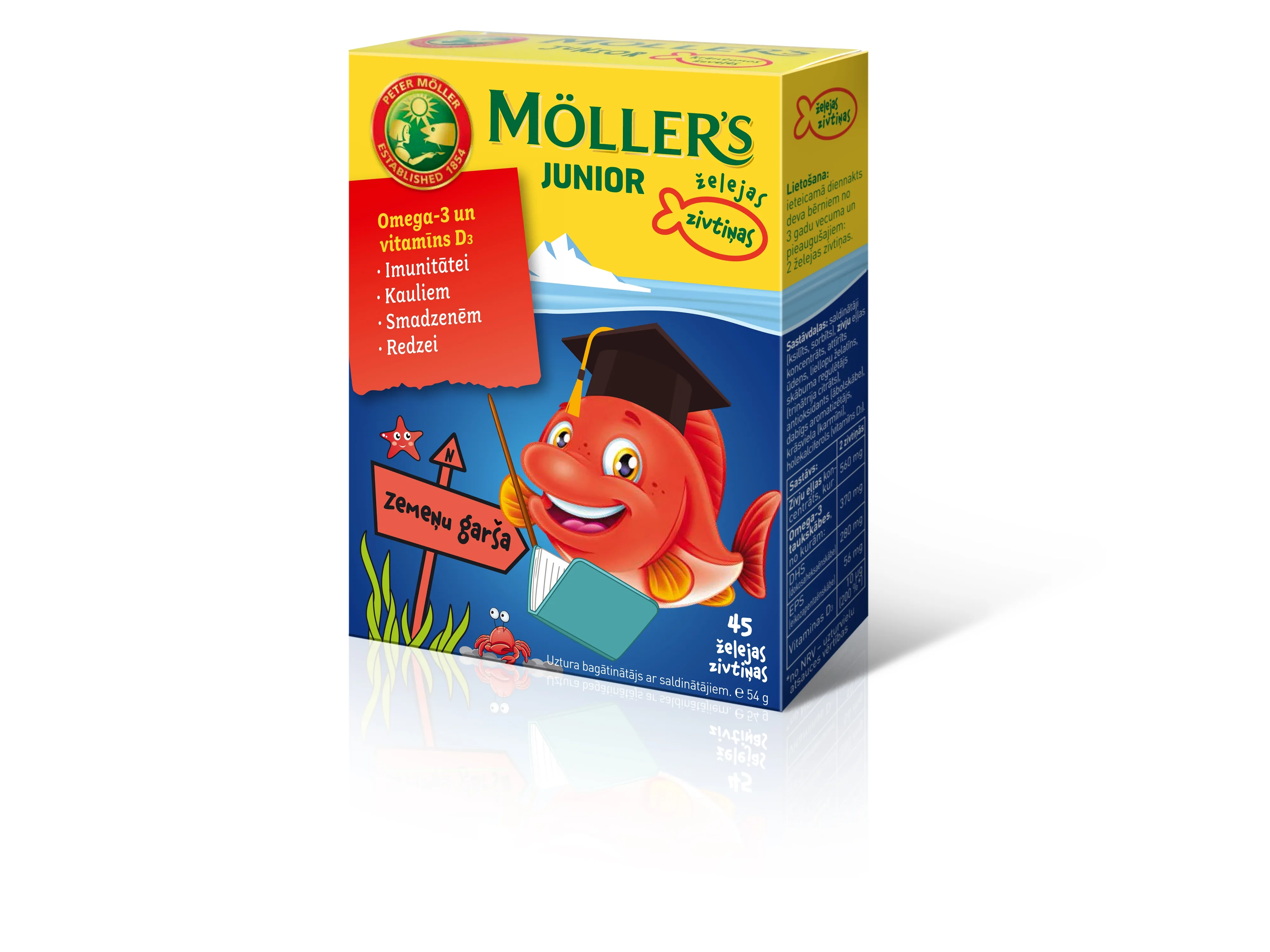 MOLLERS Junior Omega-3 zivtiņu pastilas ar zemeņu garšu, 45 gab. - Produkta attēls 