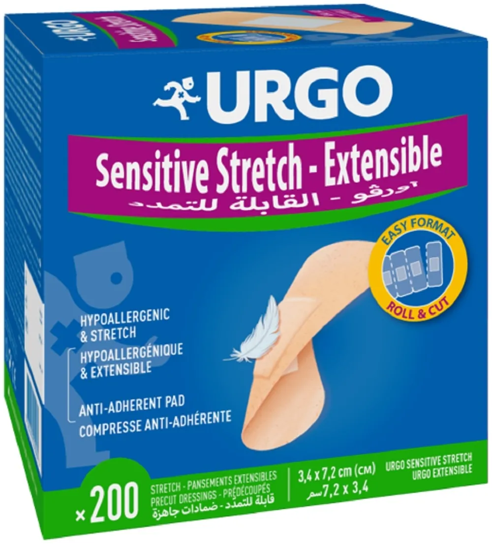 URGO Sensitive Stretch Elast plāksteri 3,4 x 7,2 mm, 200 gab. - Produkta attēls 