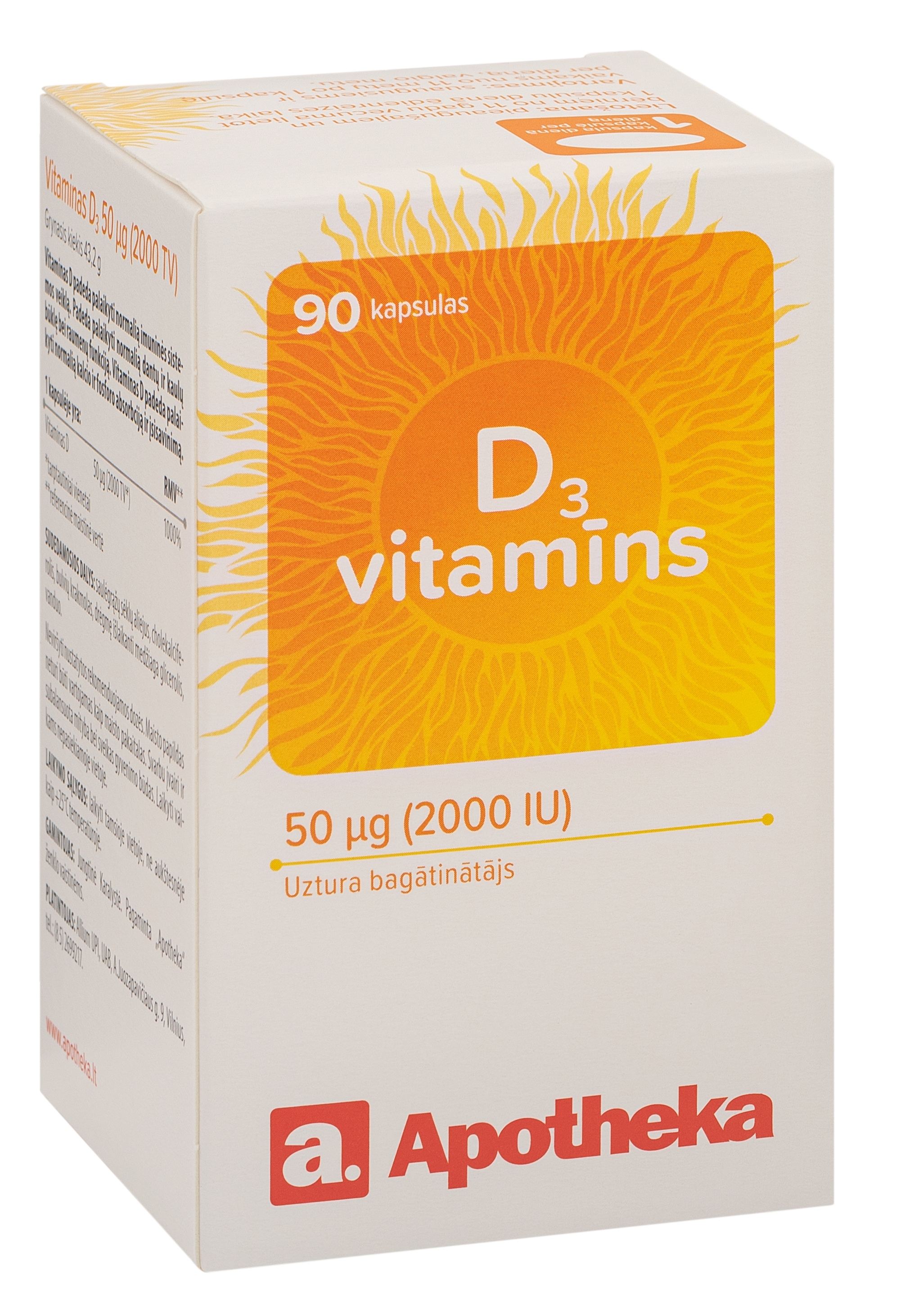APOTHEKA D3 Vitamīns (2000 IU) kapsulas, 90 gab. - Produkta attēls 