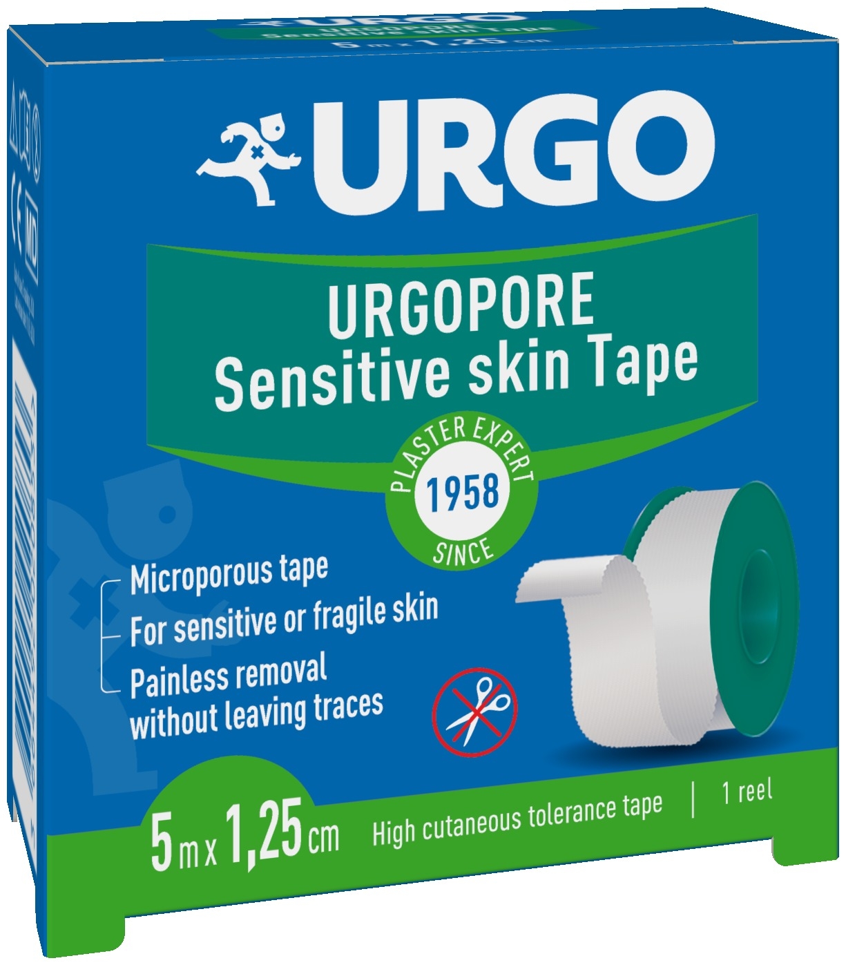 URGO PORE lentveida plāksteris jutīgai ādai 5 m x 1,25 cm - Produkta attēls 