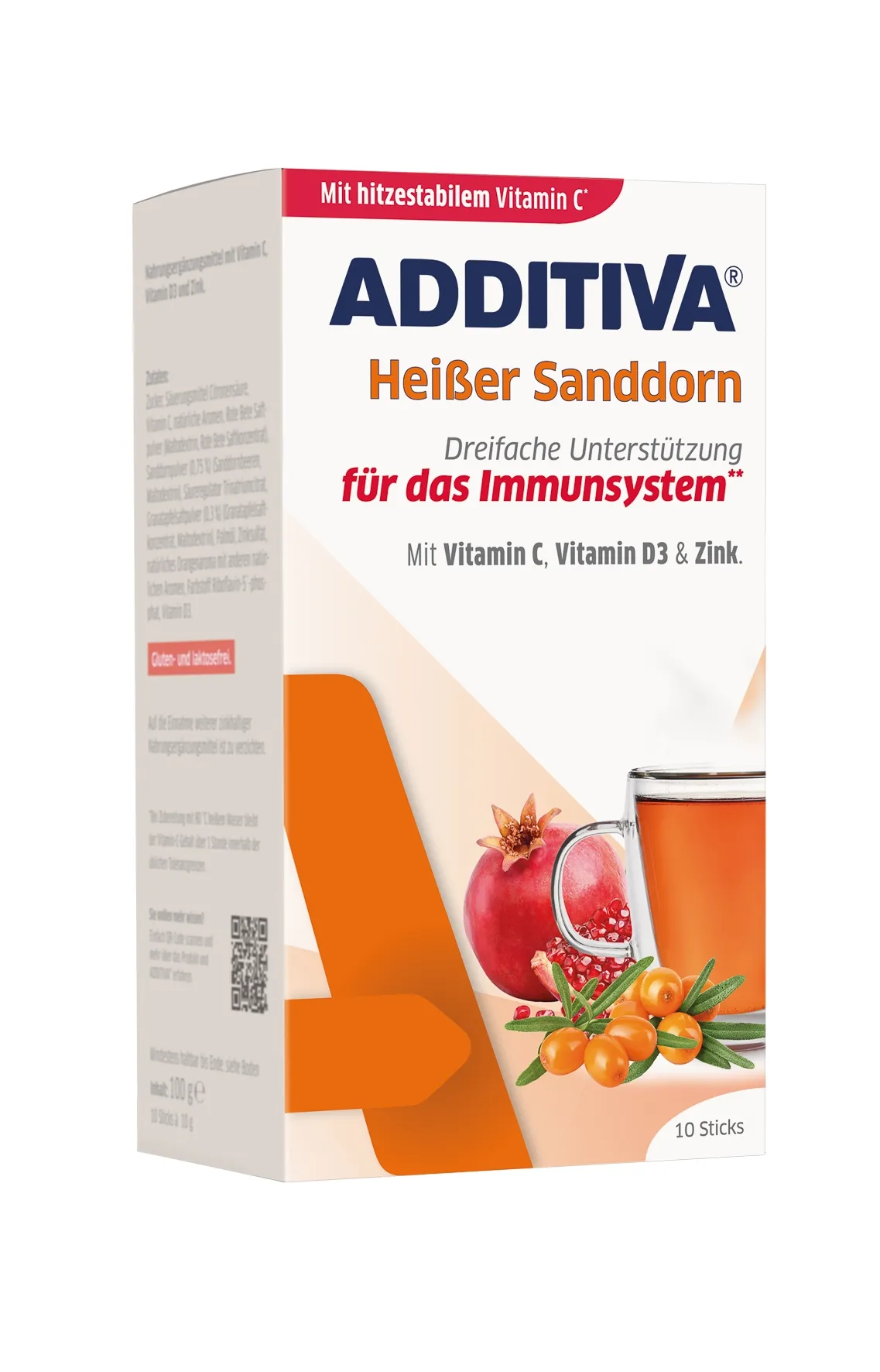 ADDITIVA Karstais smiltsērkšķis C vitamīns + Cinks + D3 vitamīns pulve - Produkta attēls 