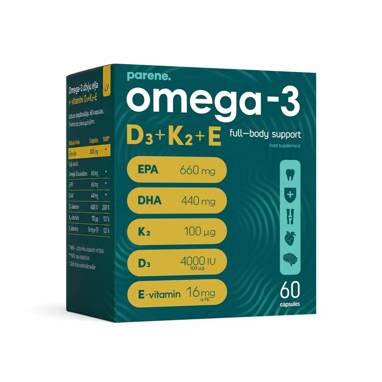 PARENE Omega-3 zivju eļļa + Vit D3 + K2 + E kapsulas, 60 gab - Produkta attēls 