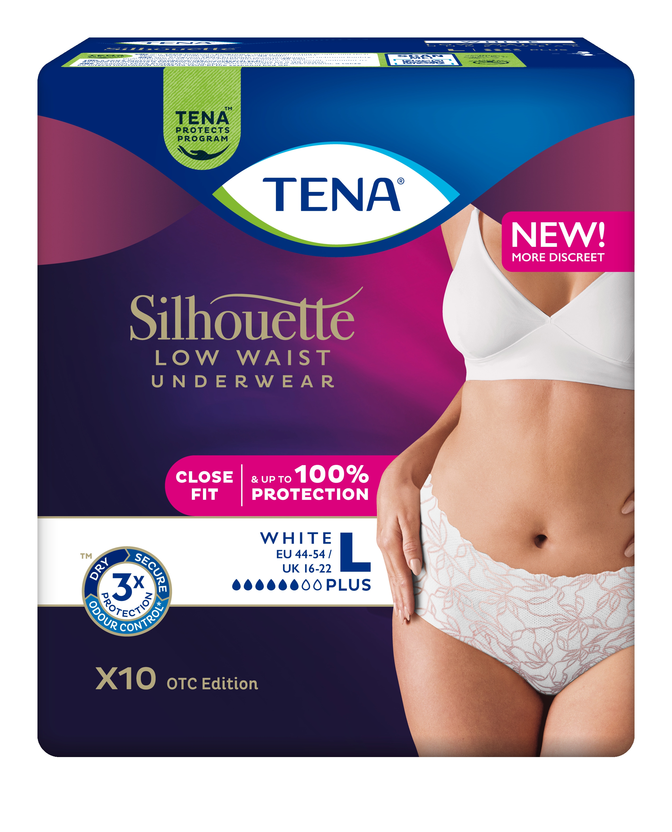 TENA Silhouette Pants Plus White bikses baltā krāsā, L izmērs, 10 gab. - Produkta attēls 