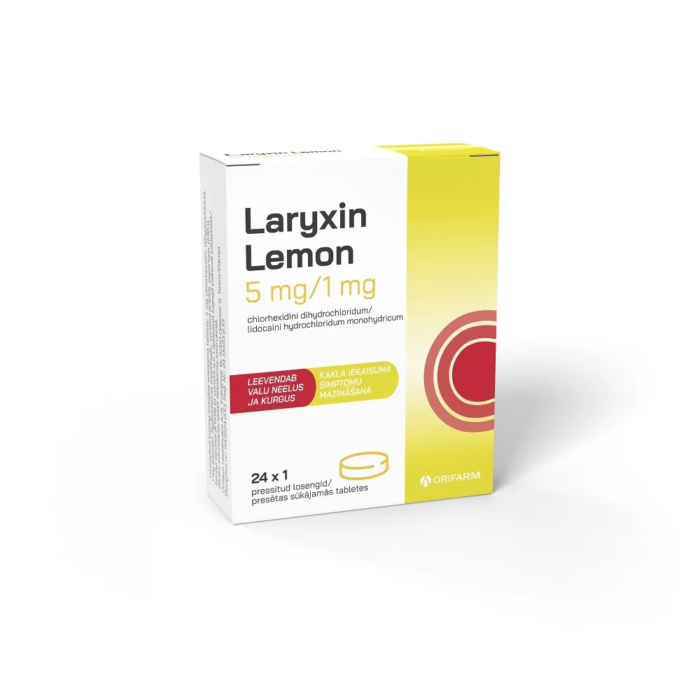 LARYXIN Lemon 5 mg/ 1 mg sūkājamās tabletes, 24 gab. - Produkta attēls 