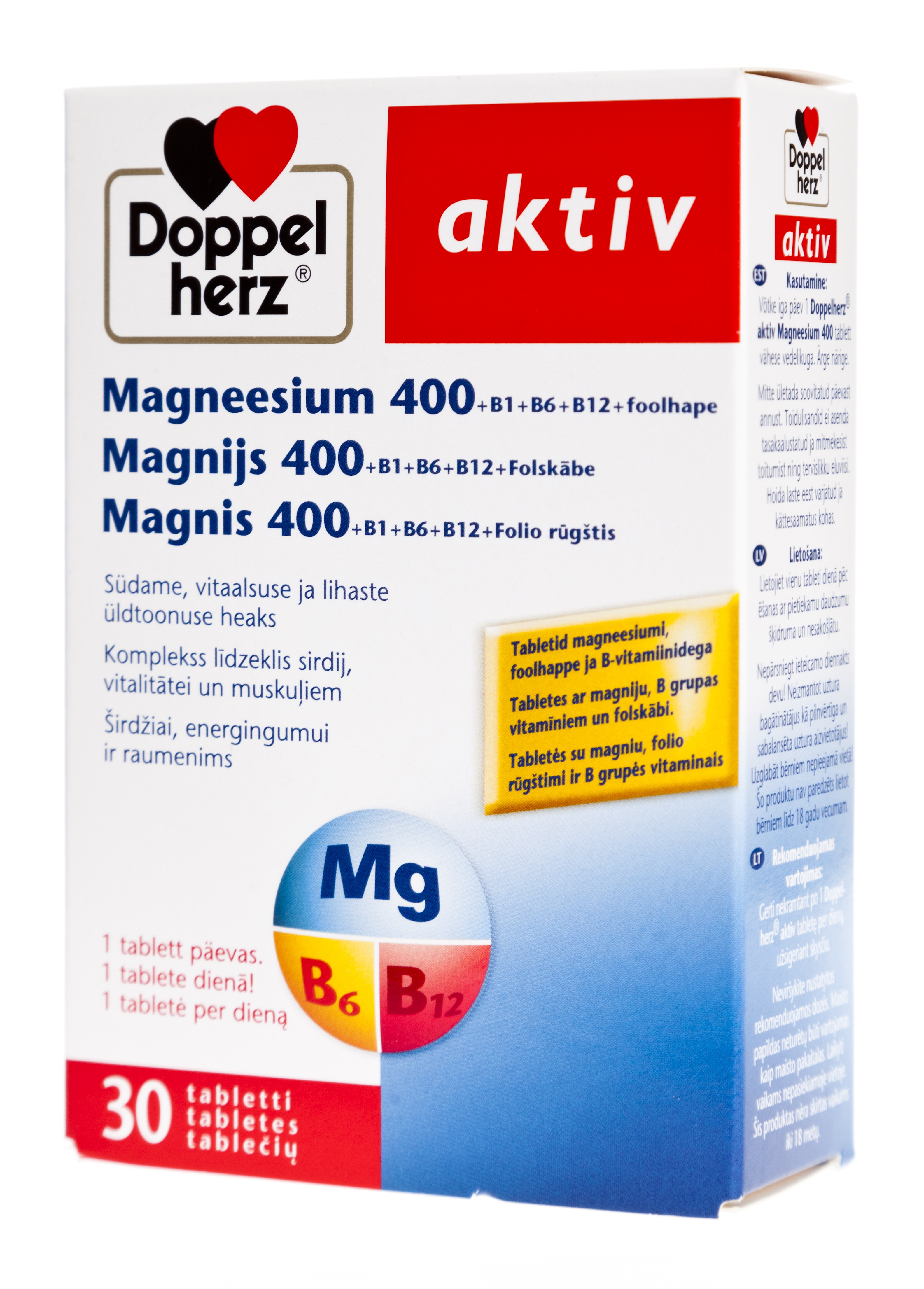DOPPELHERZ® Aktiv Magnijs 400+ B1 + B6 + B12 + Folskābe tabletes, 30 g - Produkta attēls 