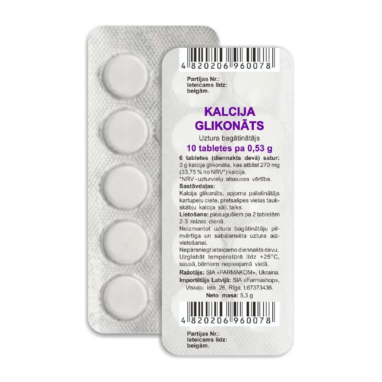 Kalcija glikonāts tabletes, 10 gab - Produkta attēls 