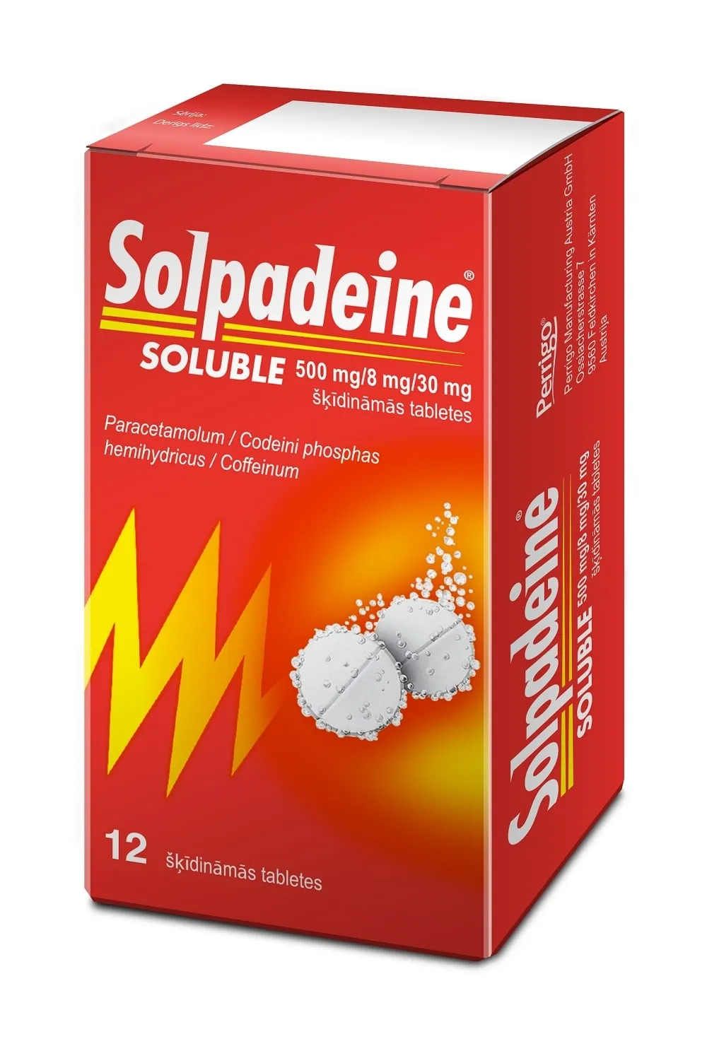 SOLPADEINE Soluble 500 mg/ 8 mg/ 30 mg šķīdināmās tabletes, 12 gab - Produkta attēls 