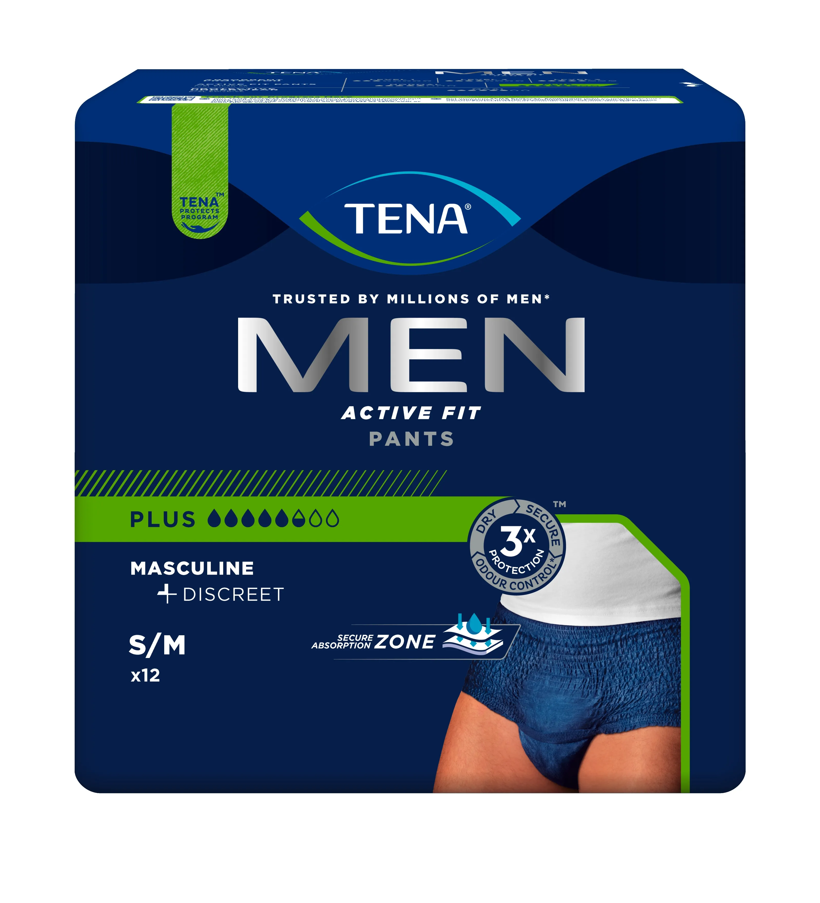 TENA Men Active Fit Pants biksītes Plus S/M izmērs, 12 gab. - Produkta attēls 