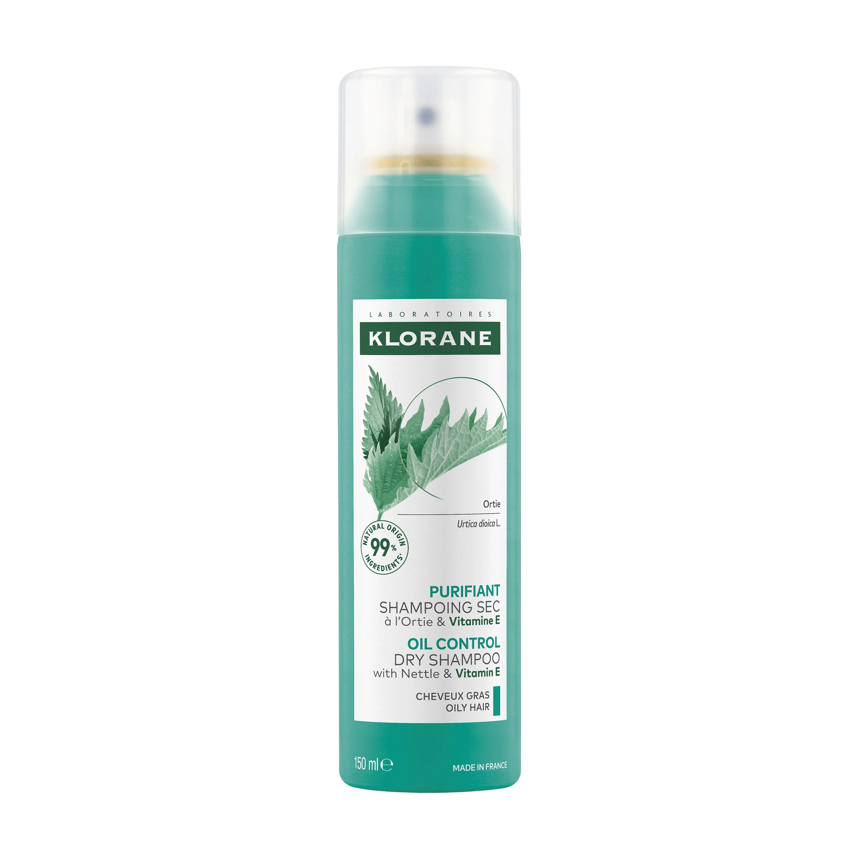 KLORANE sausais šampūns ar nātrēm un E vitamīnu, 150 ml - Produkta attēls 