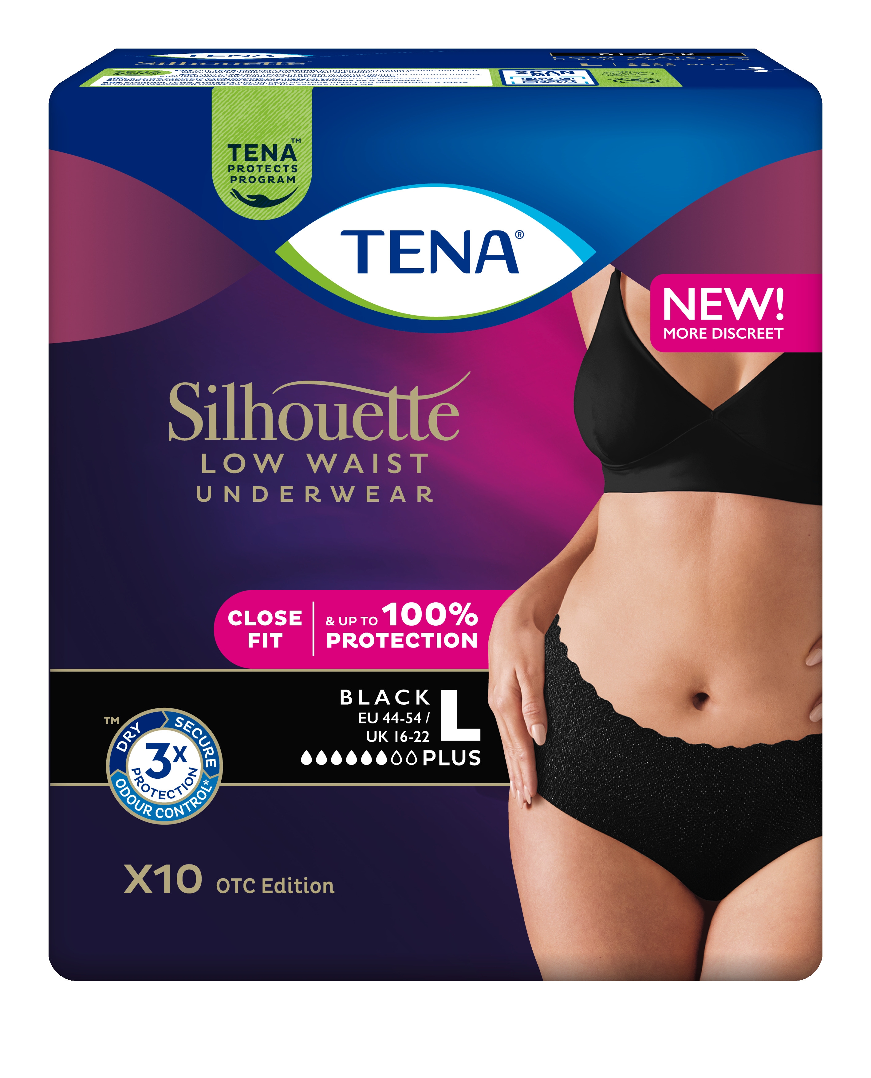 TENA Silhouette Pants Plus Noir bikses melnā krāsā, L izmērs, 10 gab. - Produkta attēls 