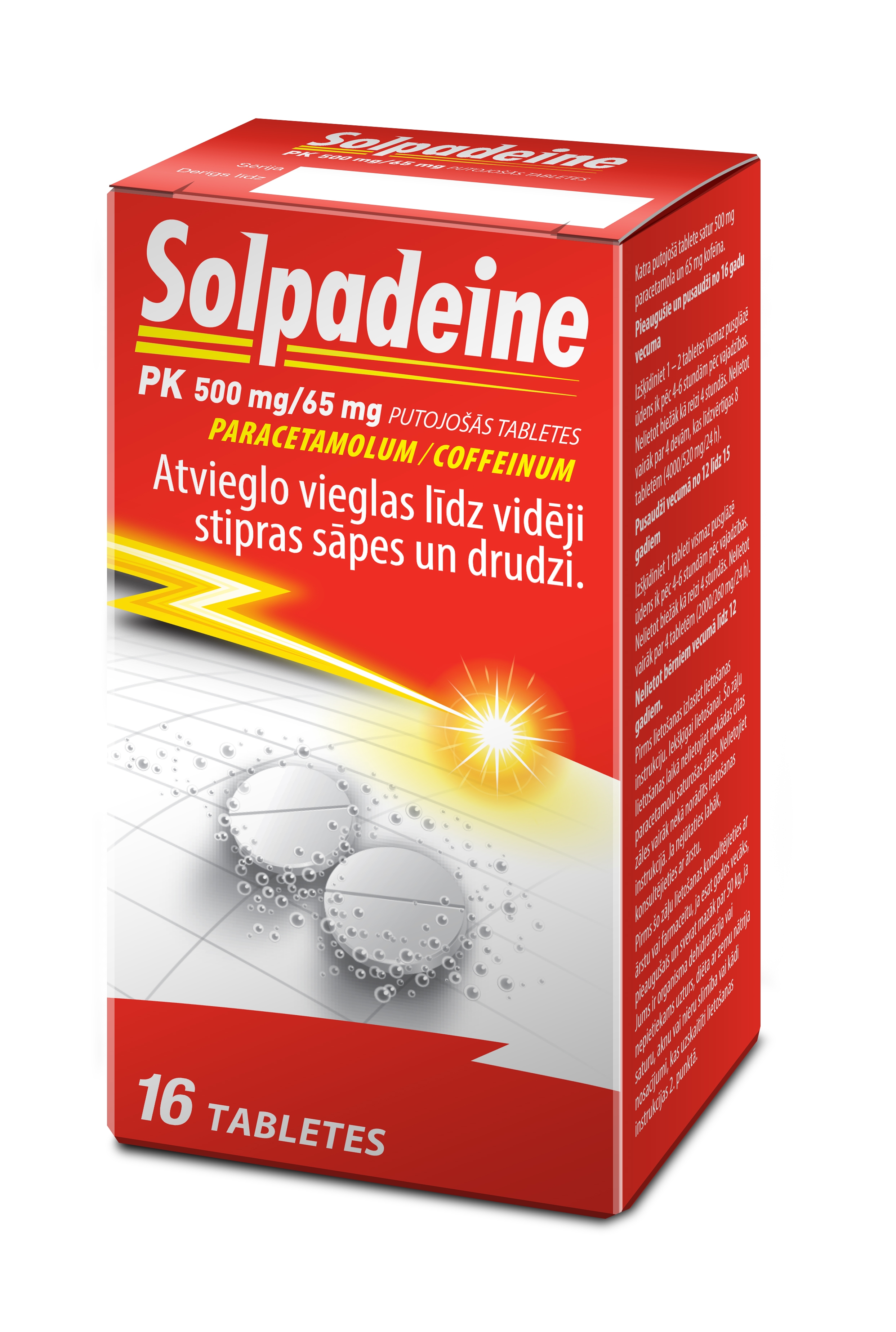 SOLPADEINE PK 500 mg/ 65 mg putojošās tabletes, 16 gab - Produkta attēls 