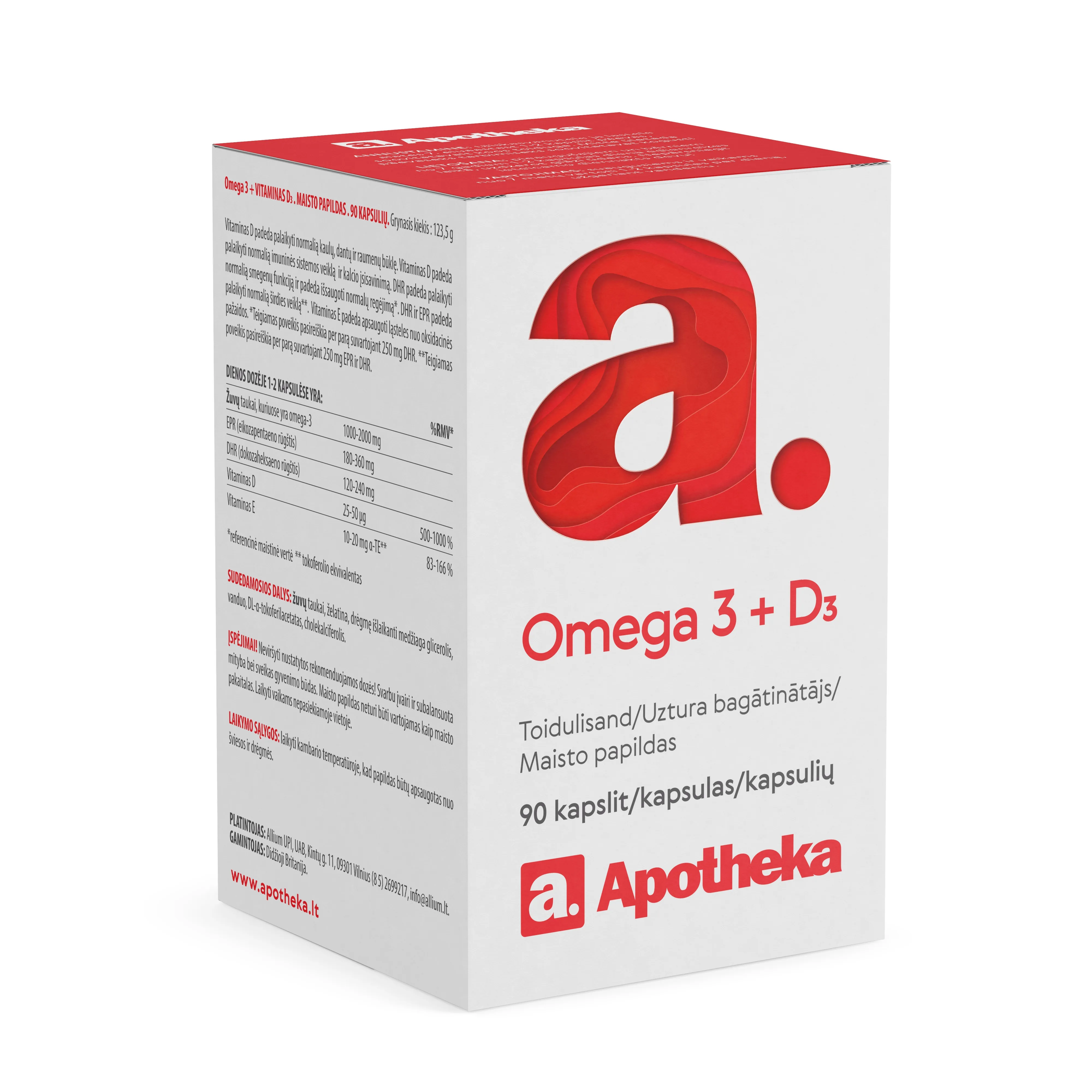 APOTHEKA Omega-3 + D3 kapsulas, 90 gab - Produkta attēls 