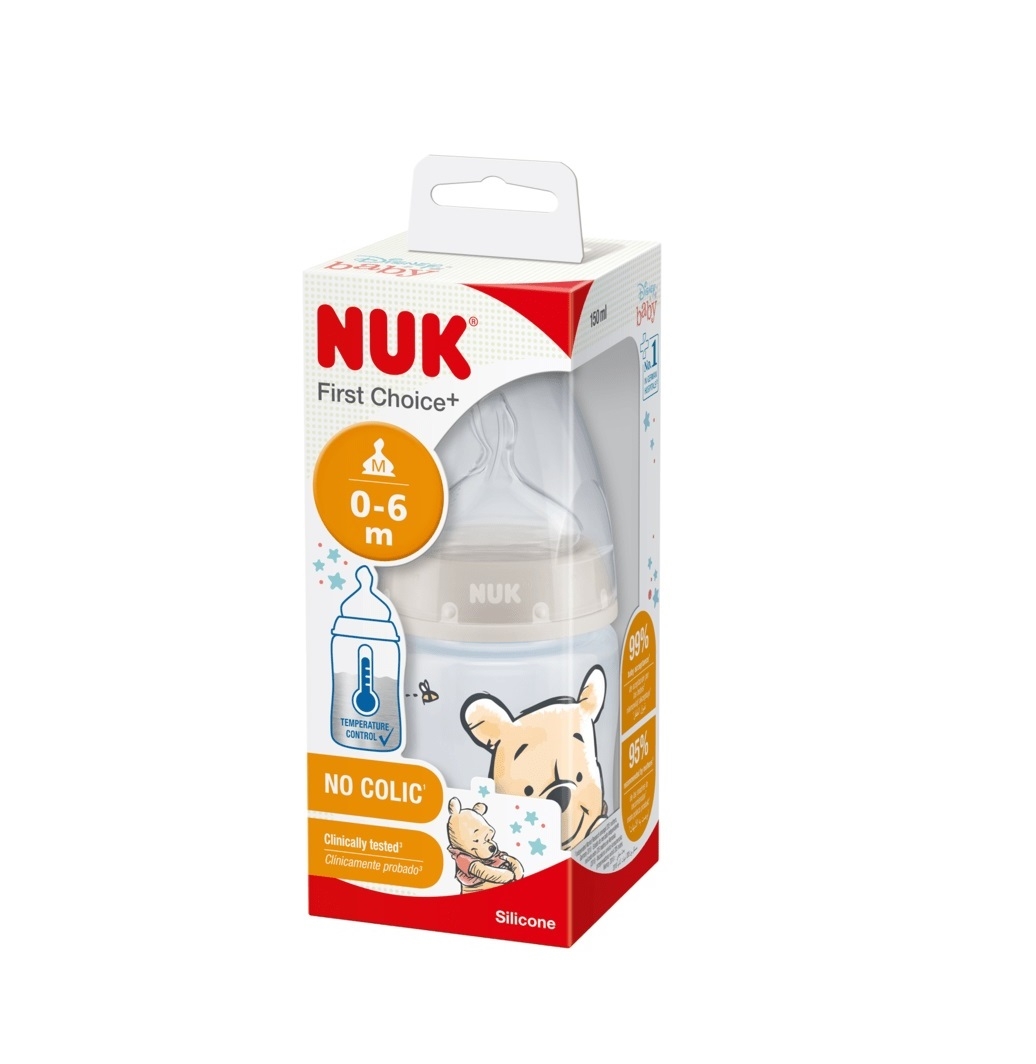 NUK Pudelīte Winnie Pooh 150 ml, M izmēra silikona knupītis - Produkta attēls 
