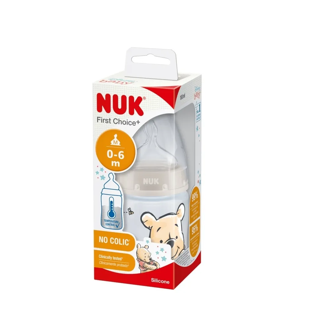 NUK Pudelīte Winnie Pooh 150 ml, M izmēra silikona knupītis - Produkta attēls 
