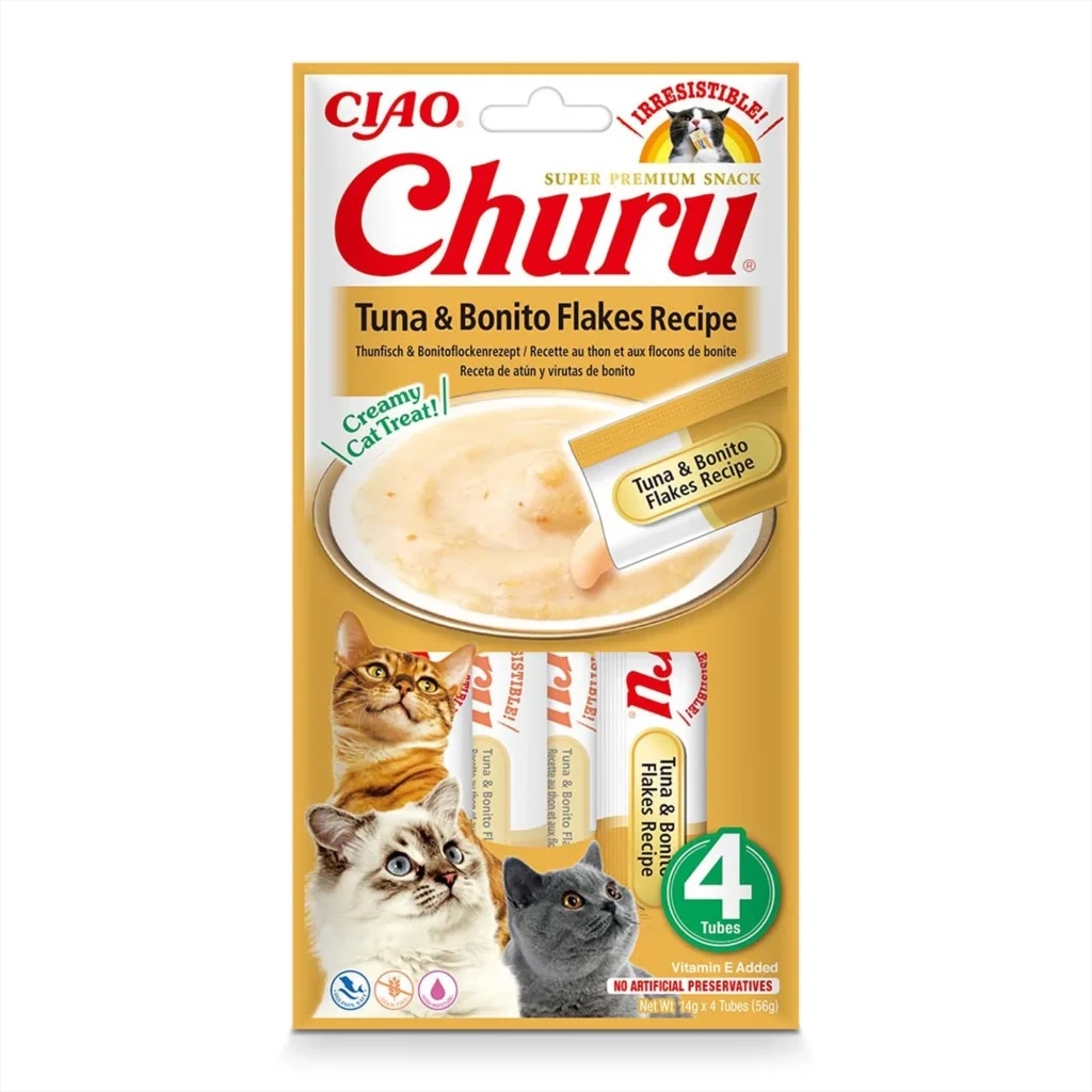 Churu biezenis kaķiem, tuncis&Bonito pārslas 56g (14gx4) N12 - Produkta attēls 