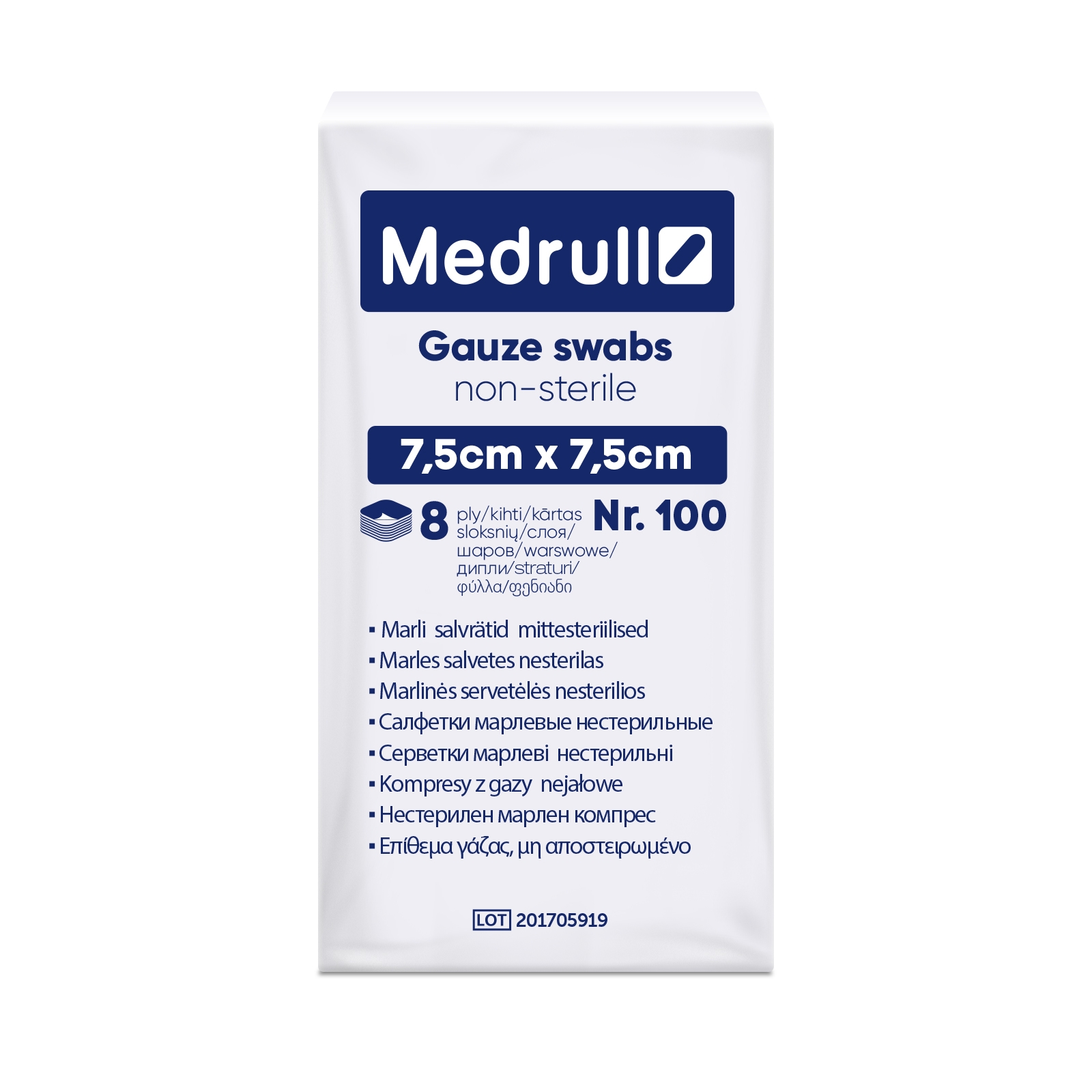MEDRULL Salvetes marles nest., 7.5 cm х 7.5 cm, 8-sl., 100 gab - Produkta attēls 