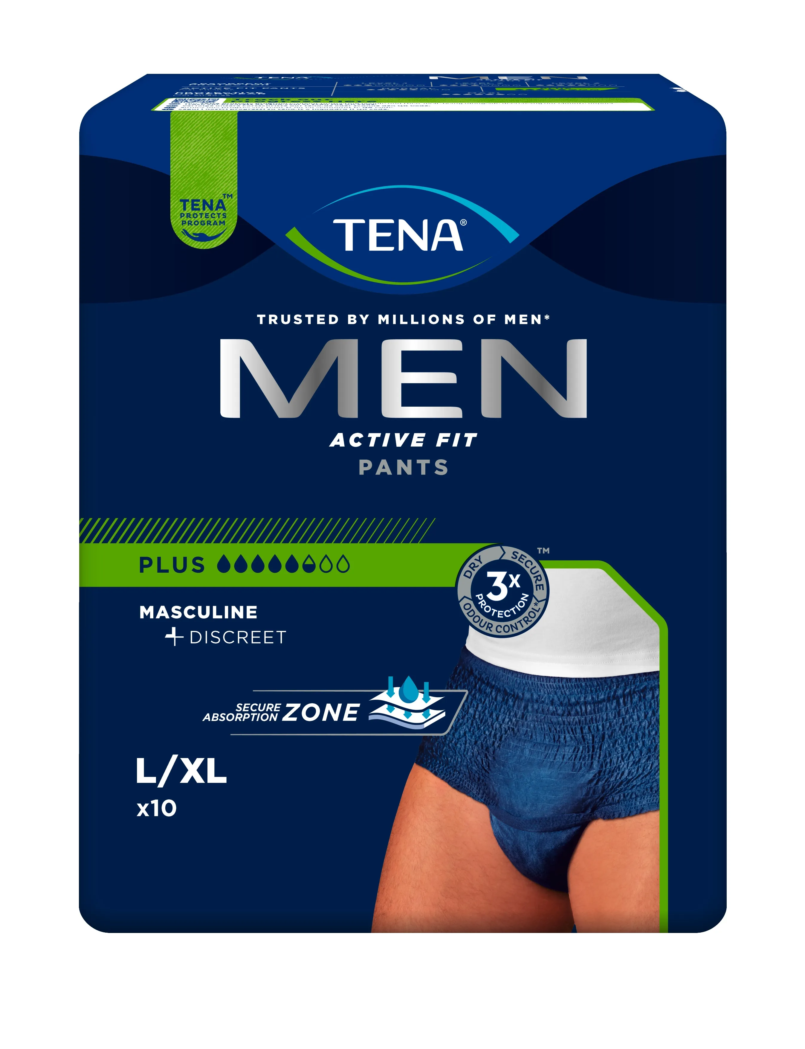 TENA Men Active Fit Pants biksītes Plus L/XL izmērs, 10 gab. - Produkta attēls 