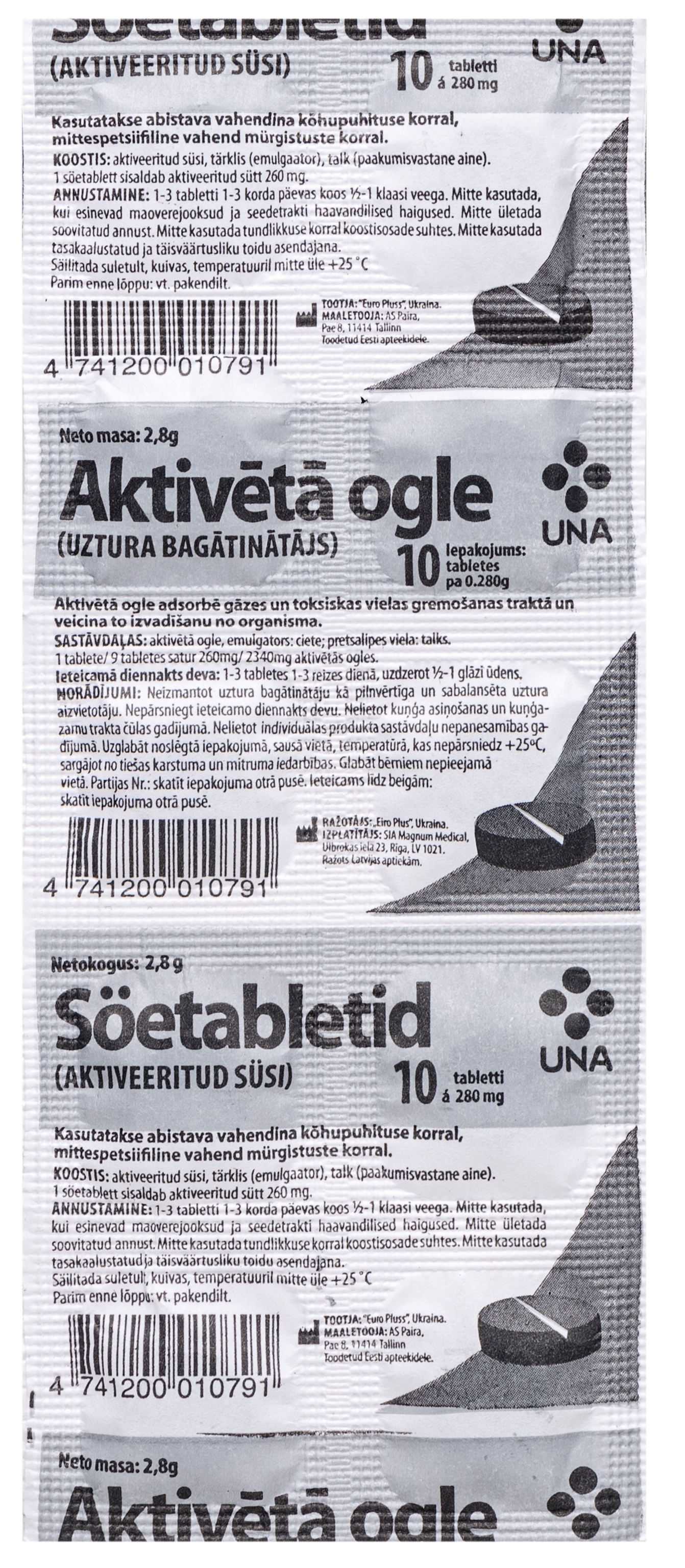 UNA aktivētā ogle 260 mg tabletes, 10 gab. - Produkta attēls 