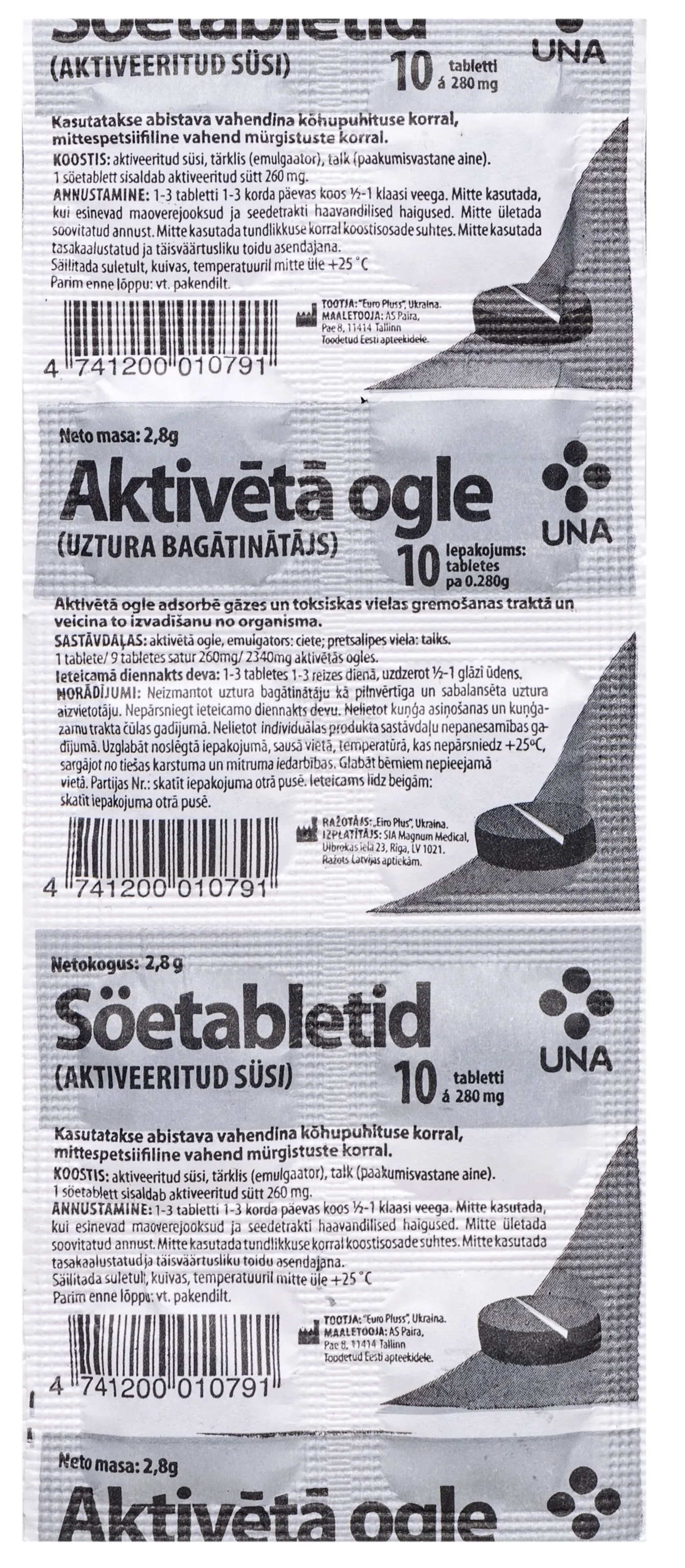 UNA aktivētā ogle 260 mg tabletes, 10 gab. - Produkta attēls 