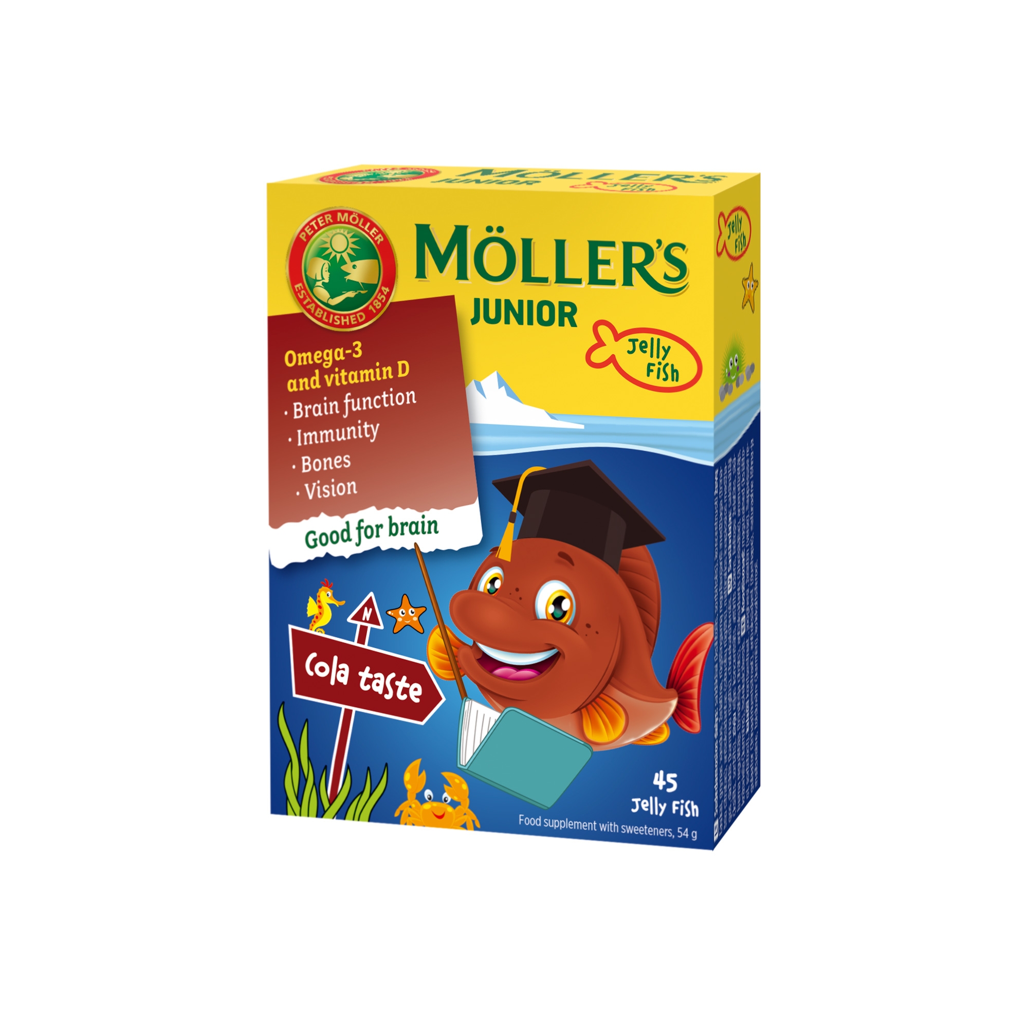 MOLLERS Junior Omega-3 želejas zivtiņas ar kolas garšu, 45 gab. - Produkta attēls 