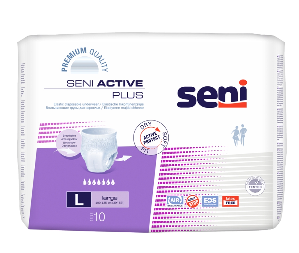 SENI ACTIVE PLUS biksītes pieaugušajiem, L izmērs (100-135 cm), 10 gab - Produkta attēls 