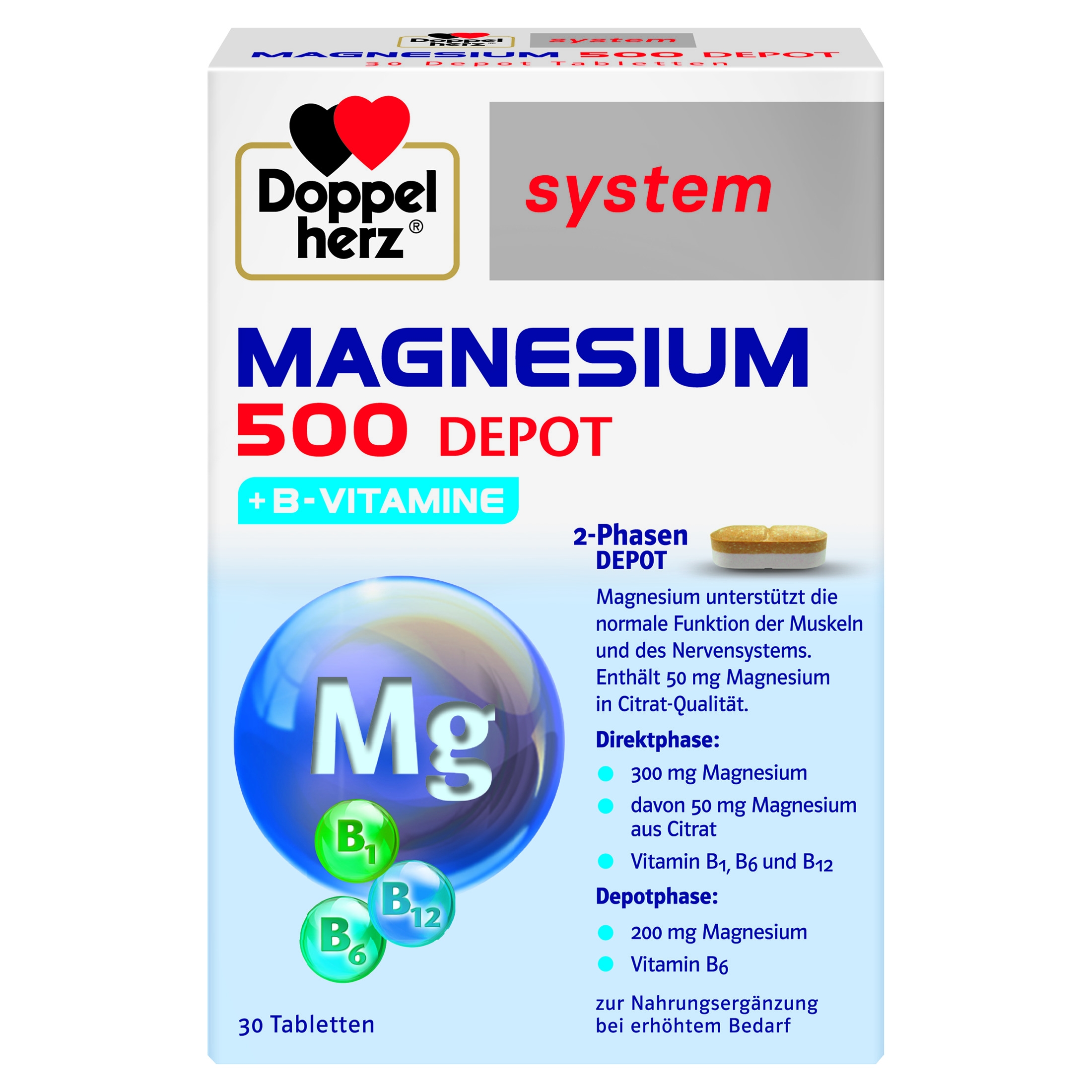 DOPPELHERZ® System Magnseium 500 Depot + B Vitamin tabletes, 30 gab. - Produkta attēls 
