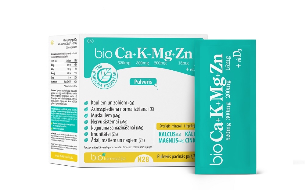 BIO Ca+K+Mg+Zn ar vitamīnu D3 pulveris, 28 gab. - Produkta attēls 