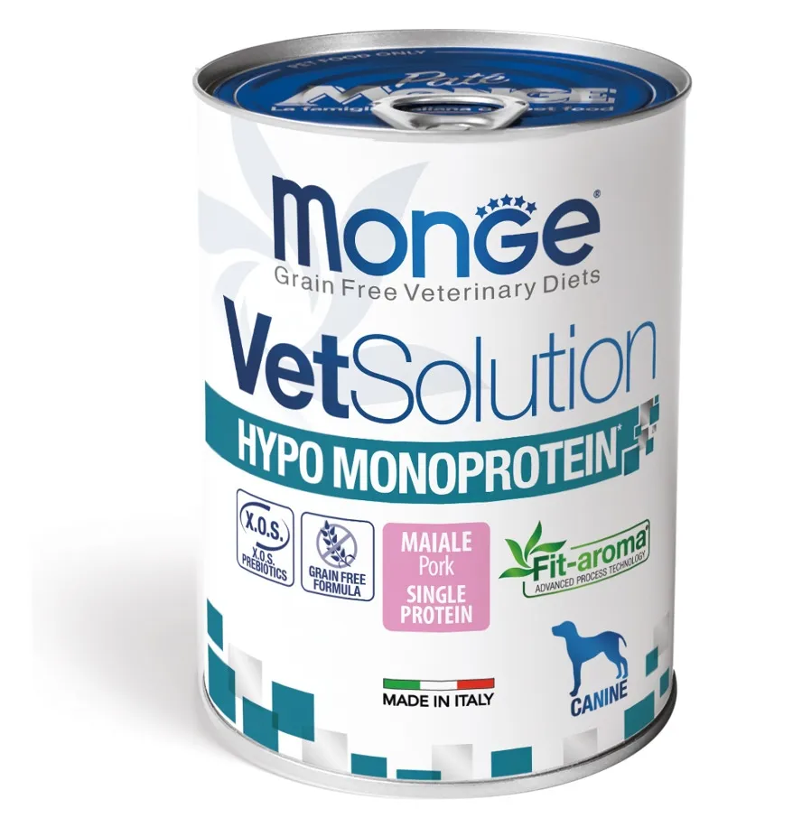 MONGE VETSOLUTION SUŅU KONS HYPOMONOPROTEIN PORK 400G - Produkta attēls 