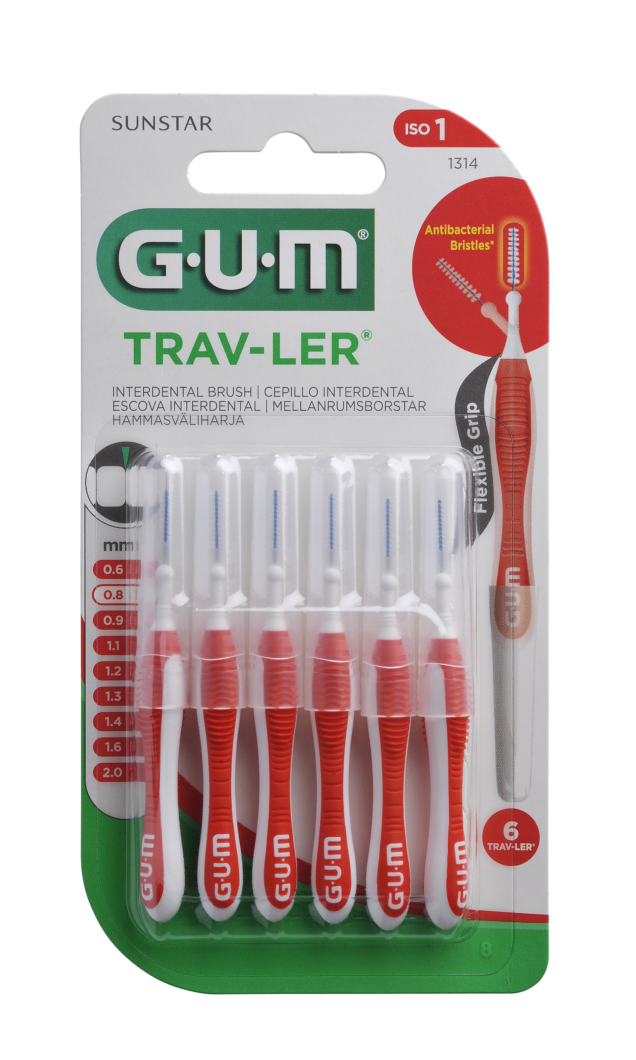 GUM® Trav-Ler starpzobu birstīte 0,8 mm, 6 gab - Produkta attēls 