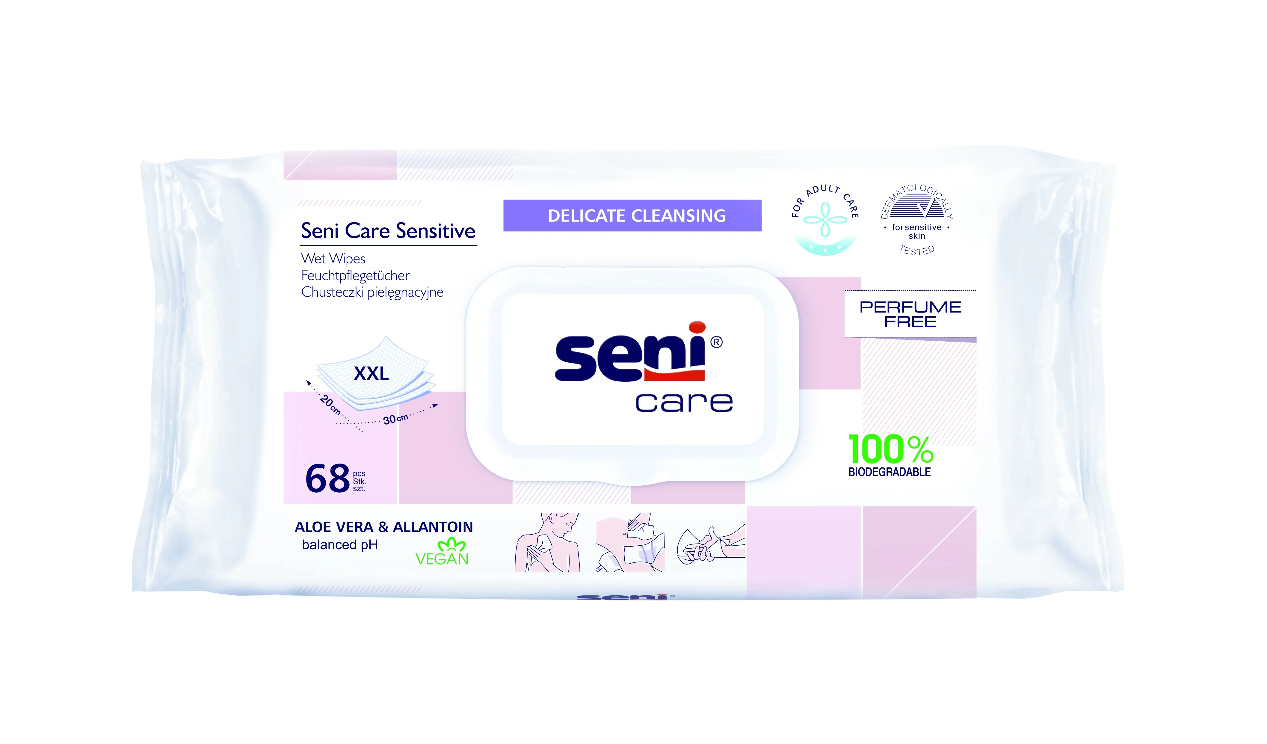 SENI CARE Sensitive mitrās salvetes ar vāciņu, 68 gab. - Produkta attēls 