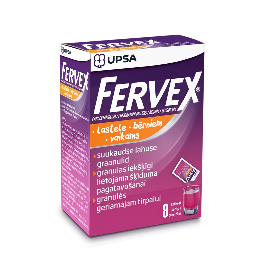 FERVEX Bērniem granulas šķīduma pagatavošanai paciņās, 8 gab. - Produkta attēls 