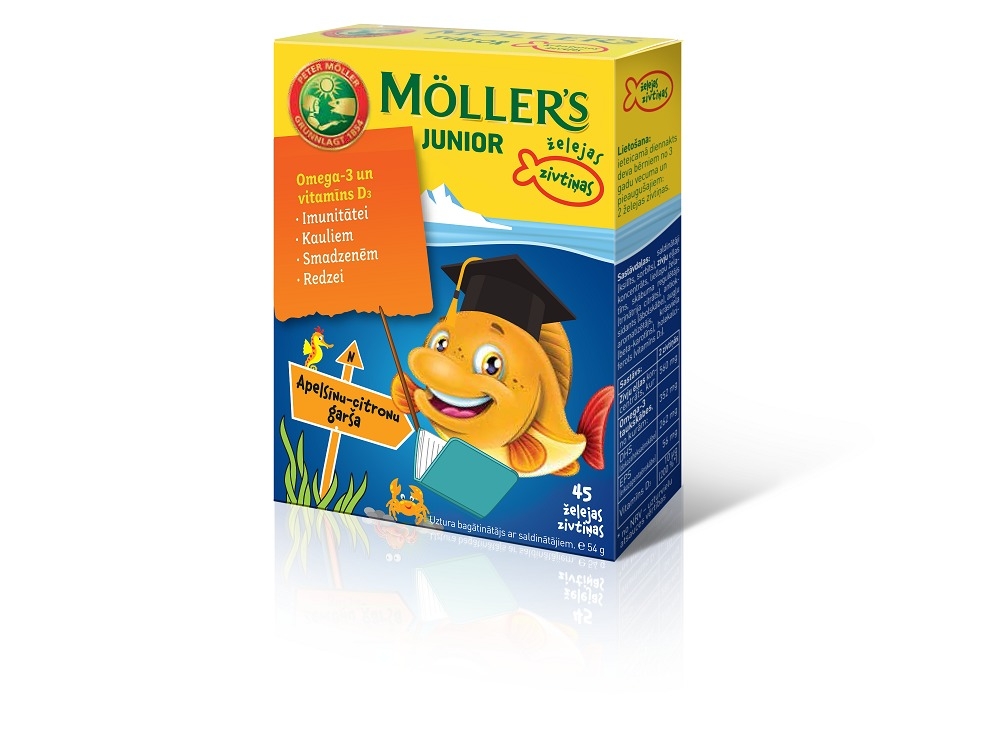 MOLLERS Junior Omega-3 zivtiņu pastilas ar apelsīnu/citronu garšu, 45 - Produkta attēls 