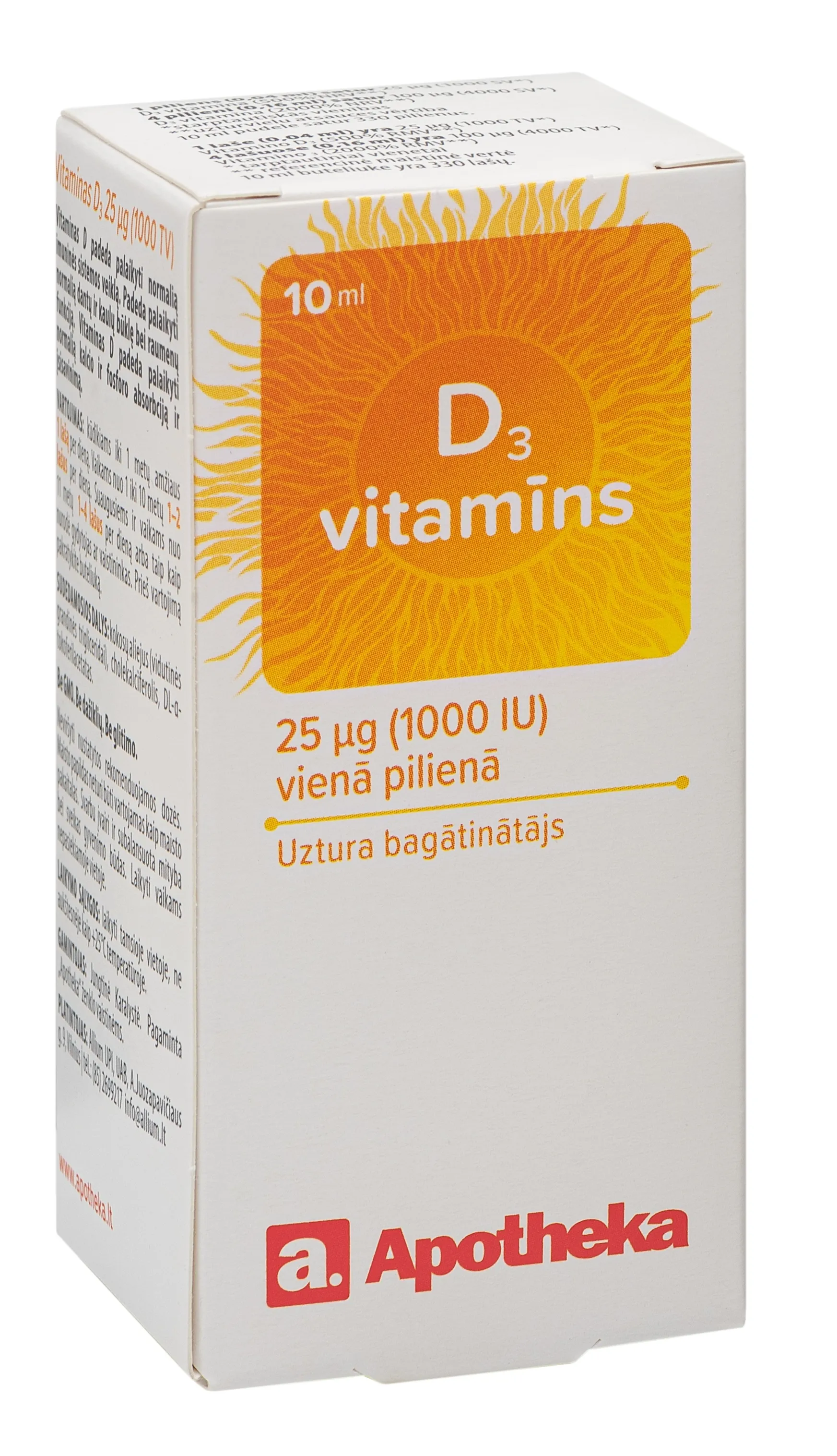 APOTHEKA D3 Vitamīns (1000 IU) pilieni, 10 ml - Produkta attēls 