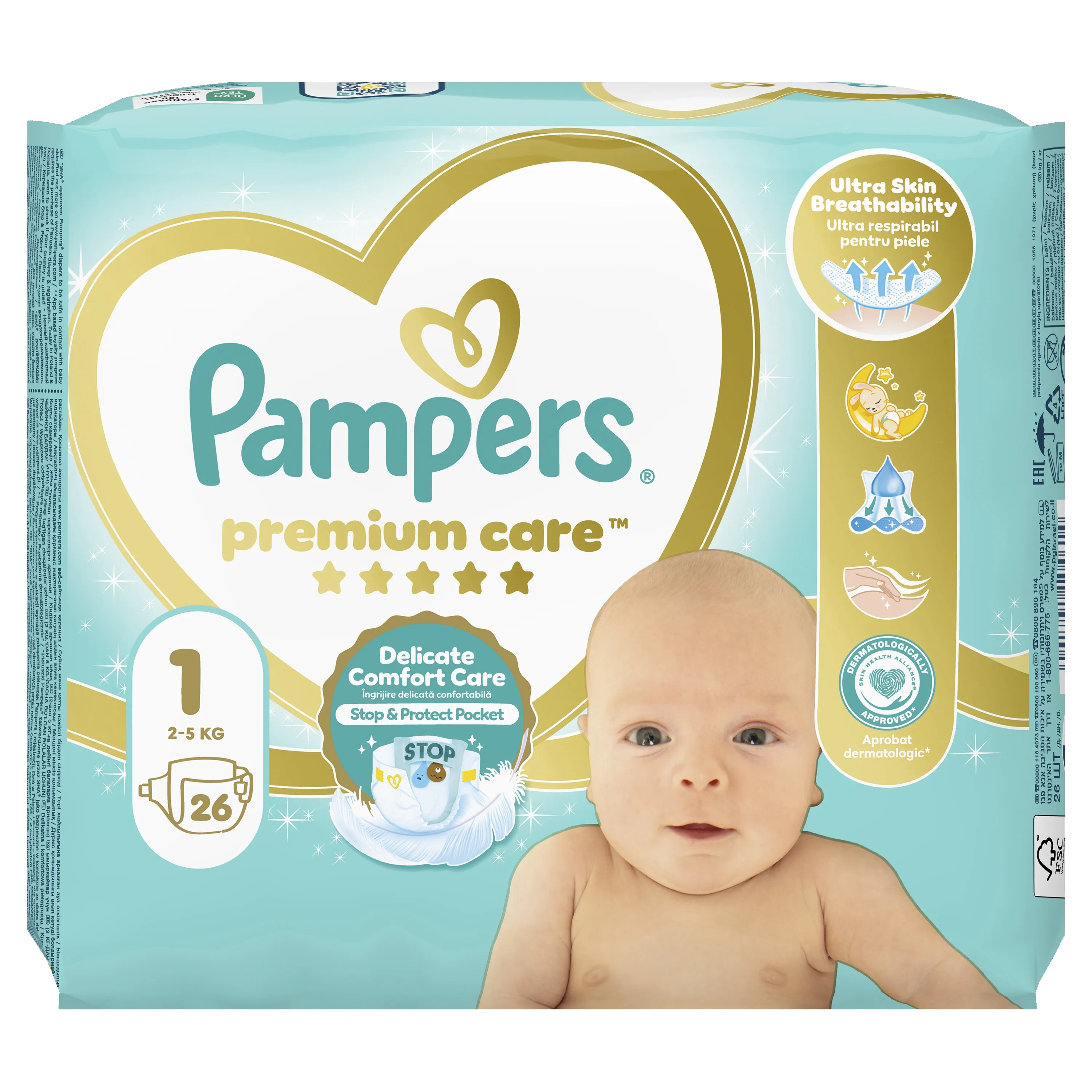 PAMPERS Premium Care Newborn autiņbiksītes (2 - 5 kg), 26 gab - Produkta attēls 