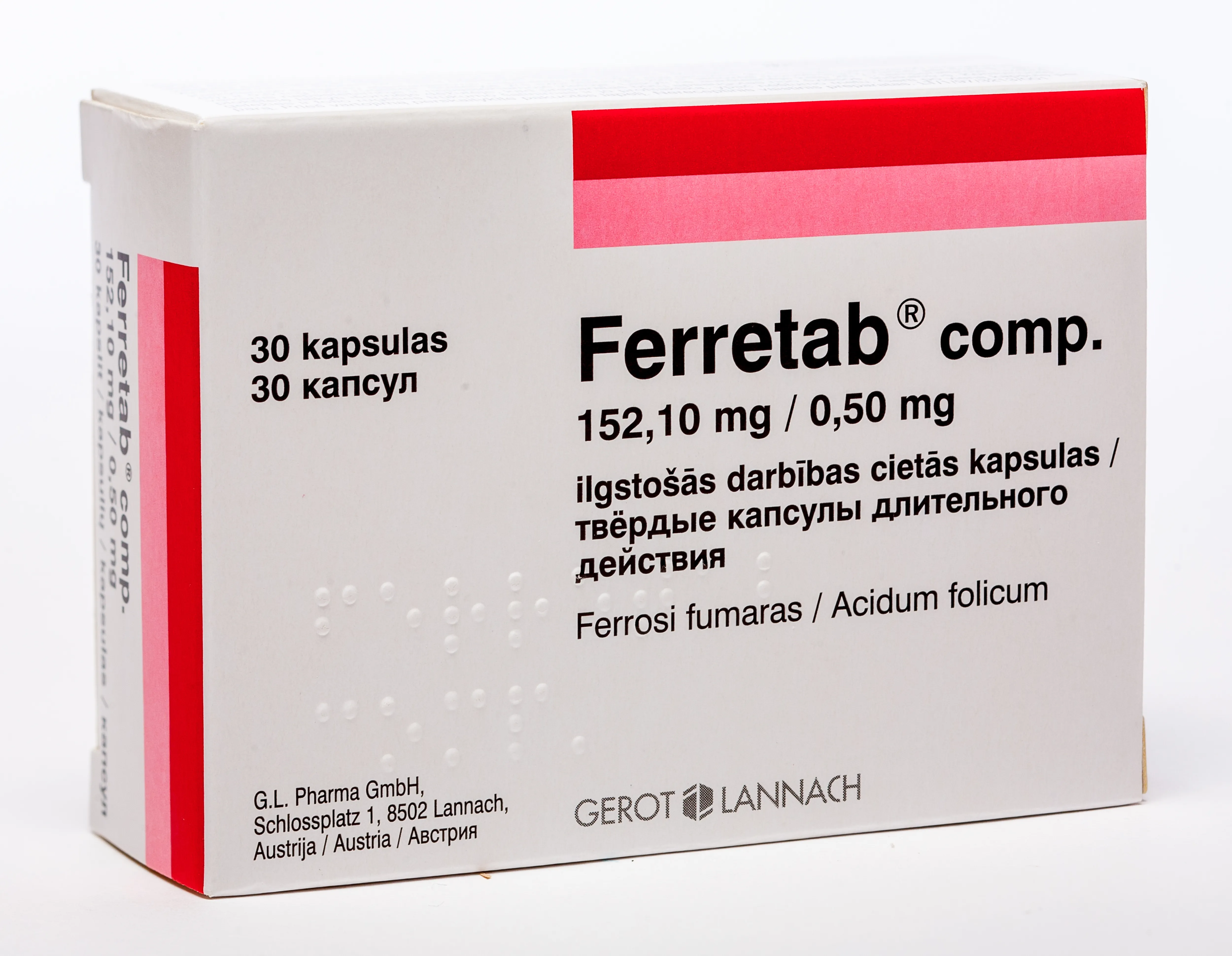 FERRETAB COMP.152.10MG/0.50MG KAPSULAS N30 - Produkta attēls 