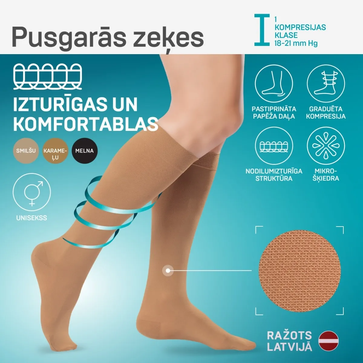 TONUS ELAST 0401 LUX vēnu zeķes pusgarās (18-21 mm) 1.aug. NR.4 (karameļu krāsa) - Produkta attēls 3